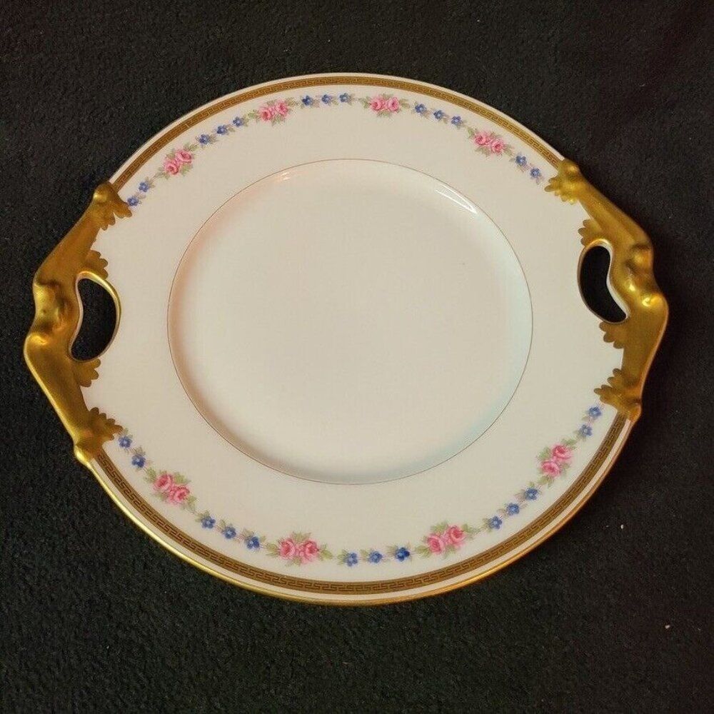 Vintage France Limoges Platter Pink Serving Dish Blue Gold Trim Handles